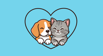 Adorable Beagle Puppy and Grey Tabby Kitten Cuddling Inside a Heart
