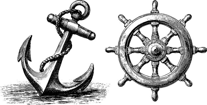 Vintage nautical theme with steamship anchor and navigation wheel for retro design