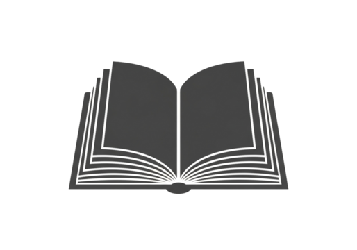 A simple, stylized icon of an open book. The book is depicted as a solid, dark gray shape