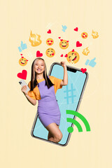 Creative trend artwork design 3D collage sketch of smartphone touchscreen young lady stand smile emoji thumb popular blogger post share