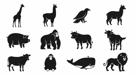 Diverse Animal Silhouettes Collection: Giraffe, Llama, Eagle, Goat, Pig, Gorilla, Cow, Whale, Lion