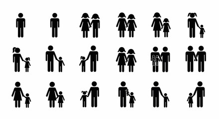 Diverse Family Icons, Various Family Structures, Simple Black Silhouette Illustrations