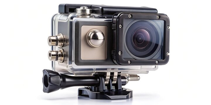 Detailed shot of an action camera with waterproof housing and mount