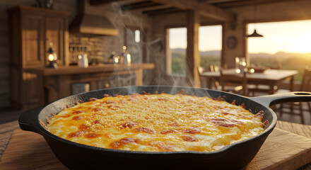  Cheesy mac and cheese in a skillet, golden brown crust on top, with cozy rustic kitchen scene blurred in background.