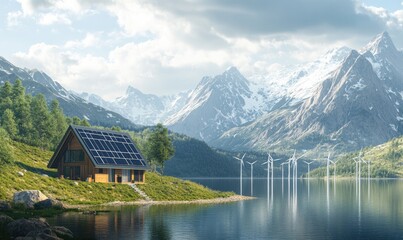 Fototapeta premium Eco-friendly cabin nestled by a serene lake, surrounded by mountains, solar panels and wind turbines