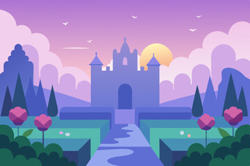 Fototapeta premium Enchanted Castle at Sunset A Fairytale Landscape Illustration