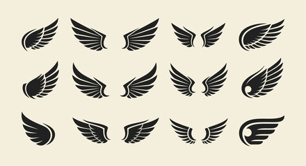 Fototapeta premium Collection of Stylized Black Wings on Beige Background, Vector Illustration