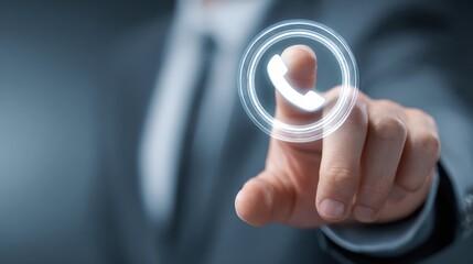 business, technology, internet and networking concept - businessman pressing button with contact on virtual screens, no logos, no brands