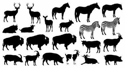 Diverse Animal Silhouettes: Deer, Horses, Zebras, Bison, Goats, and Pigs