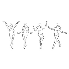 Collection. Silhouette of a cute lady, she is standing. The girl has a beautiful naked figure. The woman is a young sexy and slim model. Vector illustration set