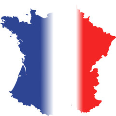 This image shows the map silhouette of France filled with the French flag&rsquo;s vertical blue, white, and red tricolor.