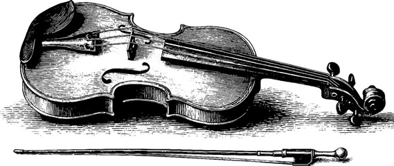 Vintage violin and tuning fork sketch for musical design and decor
