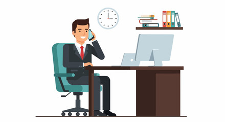 Smiling Businessman Talking on Phone at Office Desk