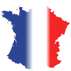 This image shows the map silhouette of France filled with the French flag’s vertical blue, white, and red tricolor.
