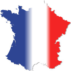 This image shows the map silhouette of France filled with the French flag’s vertical blue, white, and red tricolor.