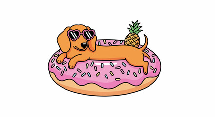 Relaxed Dachshund Dog in Pink Donut Pool Float with Pineapple