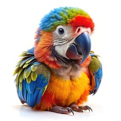 Fototapeta premium A young baby macaw parrot sits gracefully showcasing vibrant colorful feathers