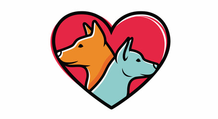 Stylized Dog Heads Inside Heart Shape, Orange and Blue, Vector Illustration
