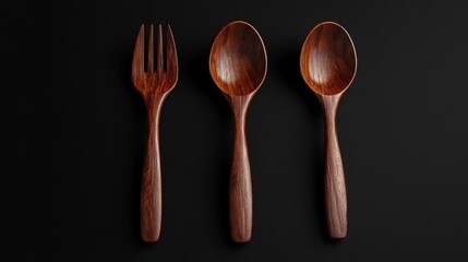 Three Wooden Spoons Arranged on a Dark Background in a Minimalistic Style Highlighting Natural Materials and Rustic Aesthetics