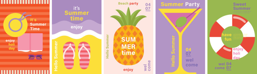Summer card set. Posters and prints for your design. Hello Summer, summer time, food, drinks, ice cream, beach, fruits and other elements. Vector illustration. 