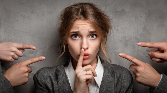 Concept of social accusation of guilty businesswoman many fingers pointing at isolated on grey office wall background. Portrait scared anxious embarrassed woman biting fingernails illustration , no l