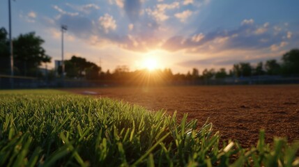 Dynamic Softball Game Action Vibrant Field at Sunset Close-Up Low Angle Shot Outdoor Sports Atmosphere