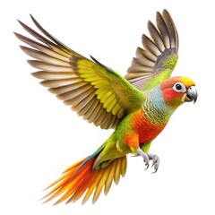 Fototapeta premium Colorful Parrot in Full Flight Against a Crisp White Background Displaying Plumage