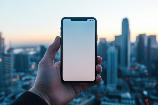 Hand holding smartphone, blank screen, city skyline