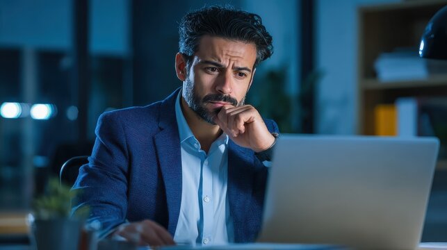 Thoughtful concentrated indian business man entrepreneur investor manager using computer, watching webinar working in office analyzing online data market thinking doing web research looking at laptop