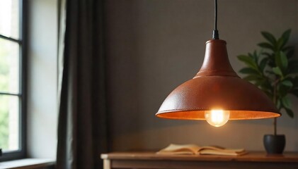 Obraz premium Modern Leather Pendant Lamp Illuminates Minimalist Living Room, Casting Warm Ambient Light and Soft Shadows. Perfect for Sophisticated Home Decor.