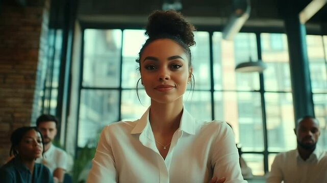 Confident businesswoman standing with arms crossed in a modern office space, while a colleague works on a laptop in the background. female leader, workplace confidence, professiona,Confident business