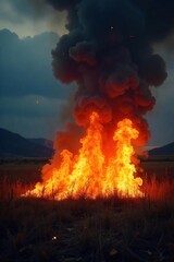 Obraz premium Dramatic Inferno Intense Orange and Yellow Flames Consume Dry Brush Against a Dark Sky, Perfect for Fire Safety, Environmental, or Fantasy Projects