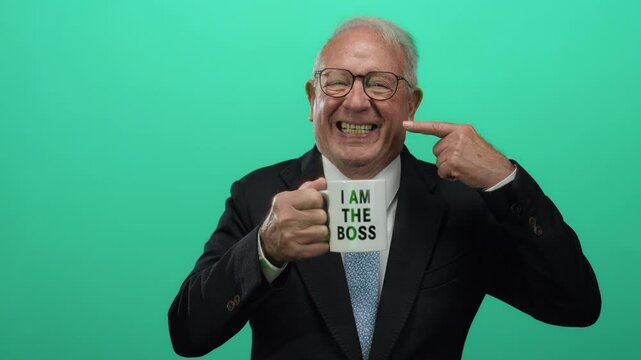 Senior man in a business suit smiles while holding a mug with 'i am the boss' text, pointing to his smile against a green isolated background.