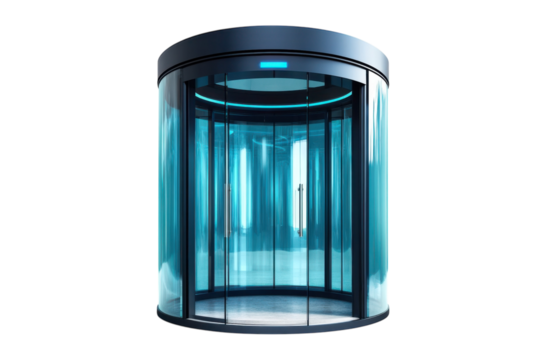 Stepping into a world of tomorrow through this futuristic revolving glass door with on transparent background - Powered by Adobe