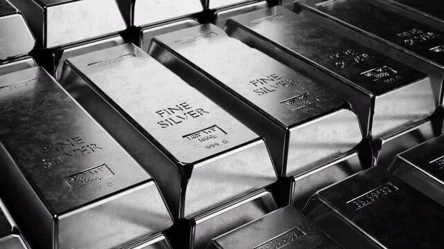 Shiny silver bullion bars stacked in rows. Ideal for finance, banking, wealth, investment, cryptocurrency, and precious metal themes. Clean cinematic shot for high-end content. Looped video