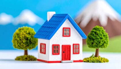 Naklejka premium Macro render of a toy mountain village scene with intense textural