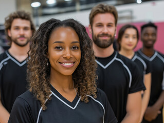 Fototapeta premium Group of diverse athletes standing together in a gym, showcasing teamwork and camaraderie, with a focus on a smiling woman in the foreground, representing unity in sports