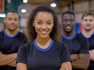 Group of diverse athletes, smiling confidently in matching black sportswear, showcasing teamwork and camaraderie in a vibrant indoor sports facility with a dynamic atmosphere