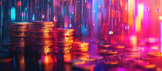 Stacks of golden coins in vibrant rain