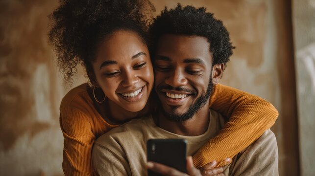 Smiling young couple embracing while looking at smartphone. Multiethnic couple sharing social media on smart phone. Smiling african girl embracing from behind her happy boyfriend while using cellphon