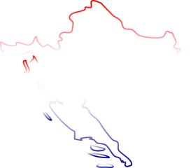 This image shows the map outline of Croatia filled with a vertical gradient of the national flag colors—red, white, and blue—and featuring the Croatian coat of arms in the center.