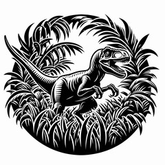 Fototapeta premium Velociraptor Sneaking Through Tall Grass in a Prehistoric Hunt
