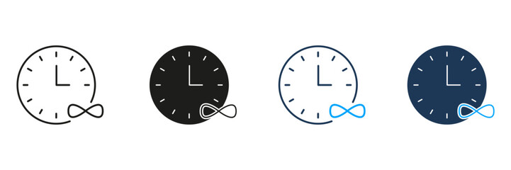 Clock With Infinity Symbol Line And Solid Icon Set. Timelessness, Eternity, And Infinite Time Concept Symbol Collection. Perpetual Time Representation. Isolated Vector Illustration