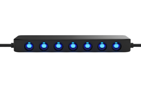 Seven glowing portals like futuristic gateways arrayed in sleek black hardware against pure on transparent background