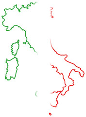 This image displays the map of Italy filled with the Italian flag colors: green on the left, white in the middle, and red on the right.