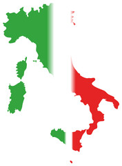 Naklejka premium This image displays the map of Italy filled with the Italian flag colors: green on the left, white in the middle, and red on the right.