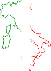 This image displays the map of Italy filled with the Italian flag colors: green on the left, white in the middle, and red on the right.