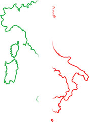 This image displays the map of Italy filled with the Italian flag colors: green on the left, white in the middle, and red on the right.