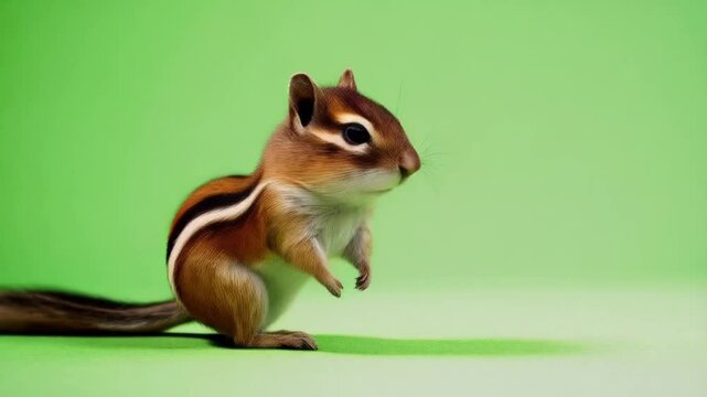 A chipmunk standing on a green surface looking forward with its paws down and a short tail visible green screen animal video