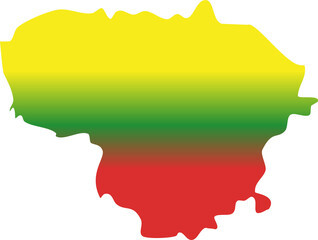 This image shows the map silhouette of Lithuania filled with the national flag's horizontal tricolor of yellow, green, and red.